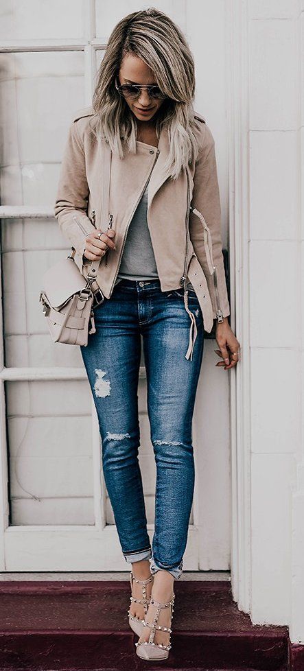winter #fashion / Leather Jacket + Ripped Skinny Jeans | Fashion .