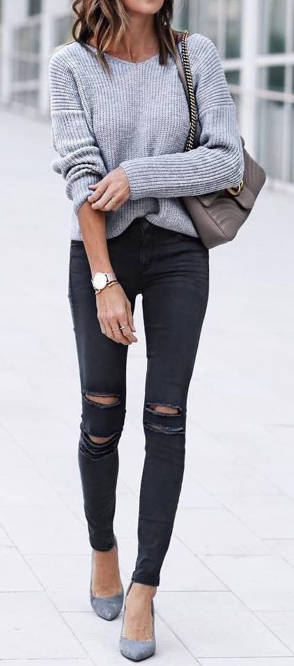 Grey Knit + Black Ripped Skinny Jeans | Fashion, Clothes, Fall outfi