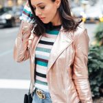 Sydne Style wears marciano rose gold leather jacket for fall .