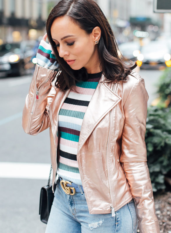 Sydne Style wears marciano rose gold leather jacket for fall .