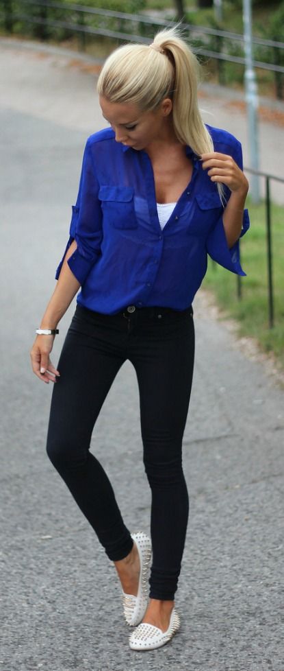 I love the look of a blouse over skinny jeans! It's a great .
