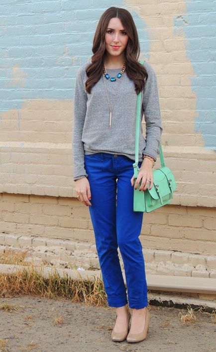 Fall/ winter outfit ideas. Grey sweater. Cobalt blue pants .