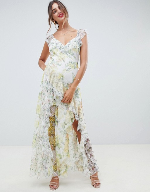 ASOS DESIGN ruffle maxi dress in floral dobby mesh with lace | AS