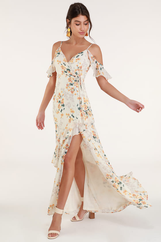 Lovely Cream Floral Print Dress - Ruffled Maxi Dress - Maxi Dre