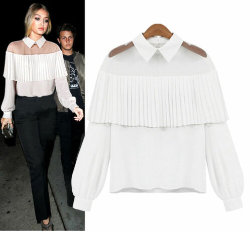 Fashion white blouse Women Lady peter pan collar Shirt Frilly .