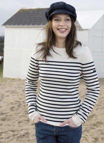 Women's Wool Striped Breton Jumper, Navy Blue/Cream Fine Knit .