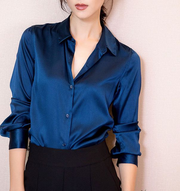 S-XXXL Fashion women Dark blue satin silk blouse ladies casual .