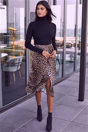 Lipsy Satin Leopard Wrap Midi Skirt | Leopard print skirt outfit .