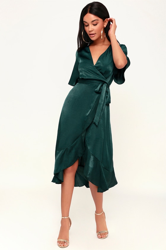 Wrapped Up In Love Dark Green Satin Faux-Wrap Midi Dress | Classy .
