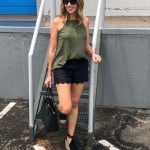 Summer outfit ideas. Black shorts and olive top outfit. Summer .