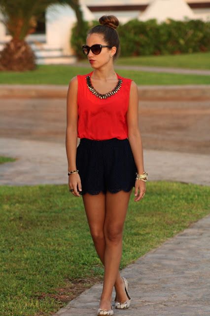 scalloped shorts + red blouse | Fashion, Red blouses, Summer outfi