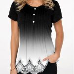 Gradient Crinkle Chest Button Detail Printed T Shirt | modlily.com .