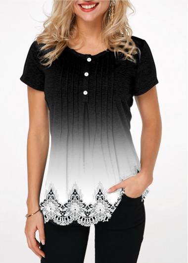 Gradient Crinkle Chest Button Detail Printed T Shirt | modlily.com .