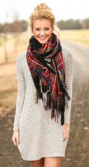 sweater dress + plaid blanket scarf. | Fashion... | Fashion .
