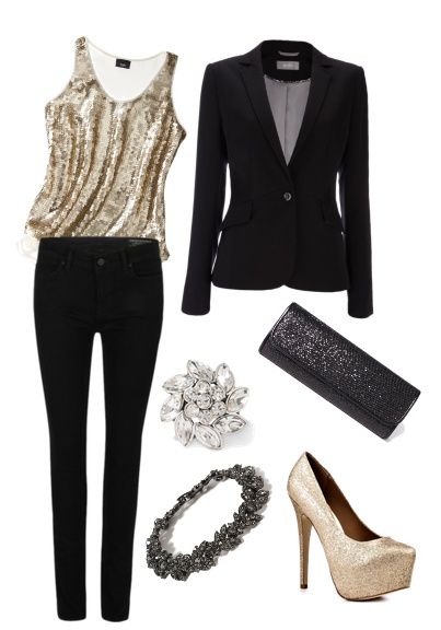 Holiday Outfit #1, gold sparkly tank top, black blazer, sparkly .