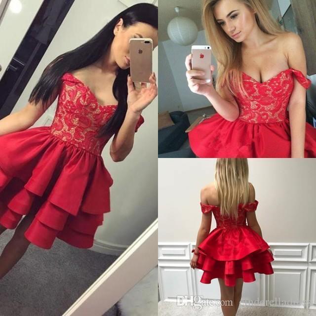 2018 Sexy Red Short Homecoming Dresses Off The Shoulder Layers .