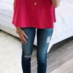 fall #outfits women's red short-sleeve blouse and denim skinny .