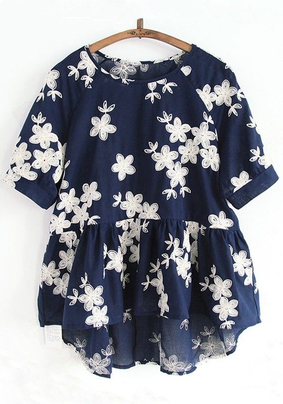 Navy Blue Flowers Embroidery Short Sleeve Blouse | Outfit ideas in .