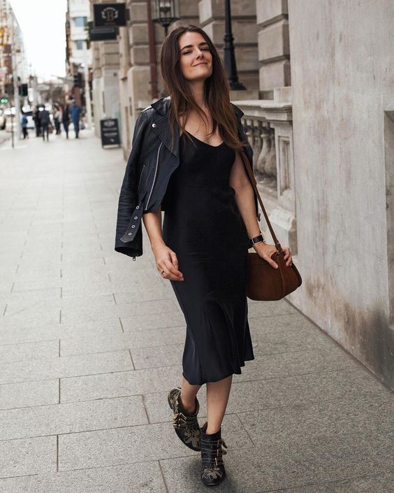 SIlk slip trends black slip dress midi beliano fall look outfit .