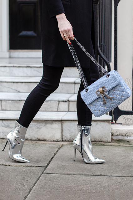 High Heeled Silver boot from Kurt Geiger | Silver ankle boots .