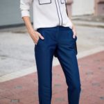 Trendy Office Outfit Blouse Plus Blue Pants Plus Silver Heels .