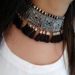Afghani Oxidised Silver Long Tassel Choker Necklace (Black .