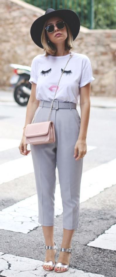 casual outfit inspiration / silver sandals + gery pants + hat + .