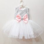 Girls white party dress, girls silver sequin dress, girls pink bow .