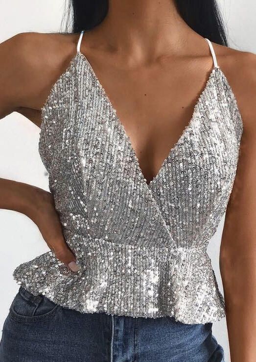 Sequined Deep V-Neck Camisole - Silver in 2020 | Trendy clothes .