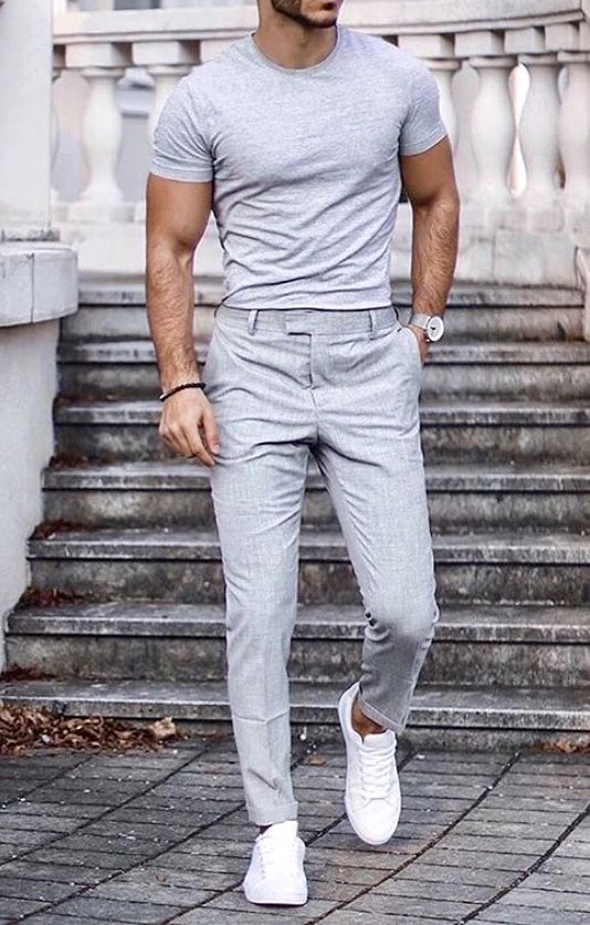 What a fun summer men's outfit! Great dress pants with a grey .