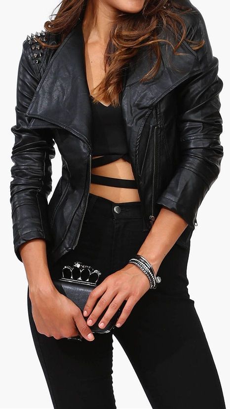 Black Spiked Motto Jacket + Brass Knuckle Handle Clutch .
