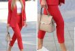 Red suit, white top and sport shoes | Fashionable work outfit .