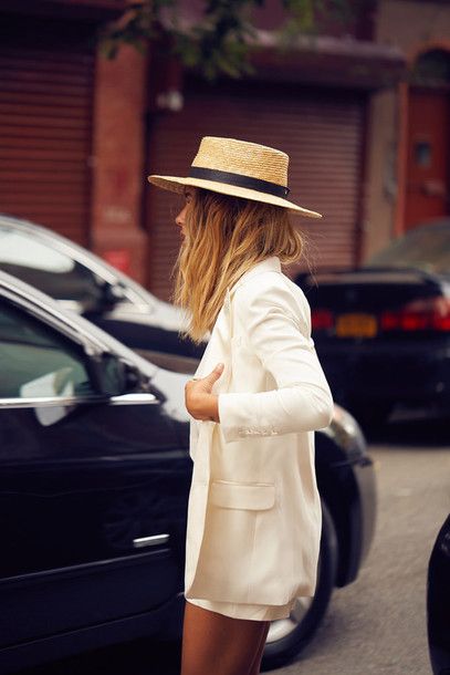 Hat, straw hat, tumblr outfit, tumblr, blazer, white blazer .