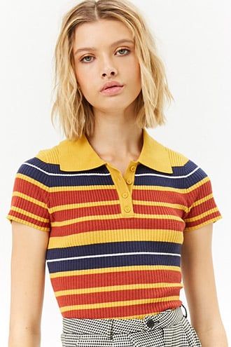 Women's 70s Striped Ribbed Polo Shirt Retro Colors | Polo shirt .