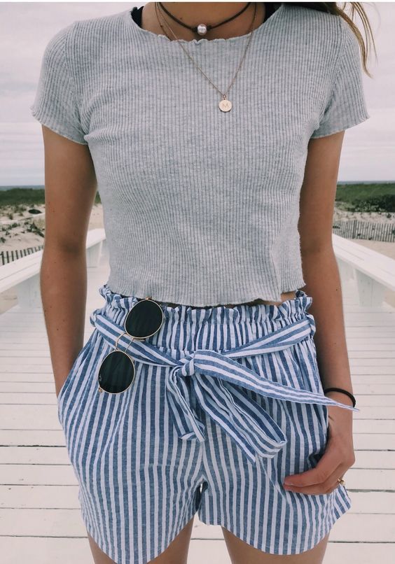 blue and white striped shorts | Crop top outfits, Cute summer .