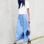 Style Inspiration : white tee, buttoned denim midi skirt and .