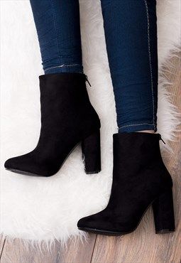 DAIZE Zip Block Heel Ankle Boots Shoes - Black Suede Style (With .