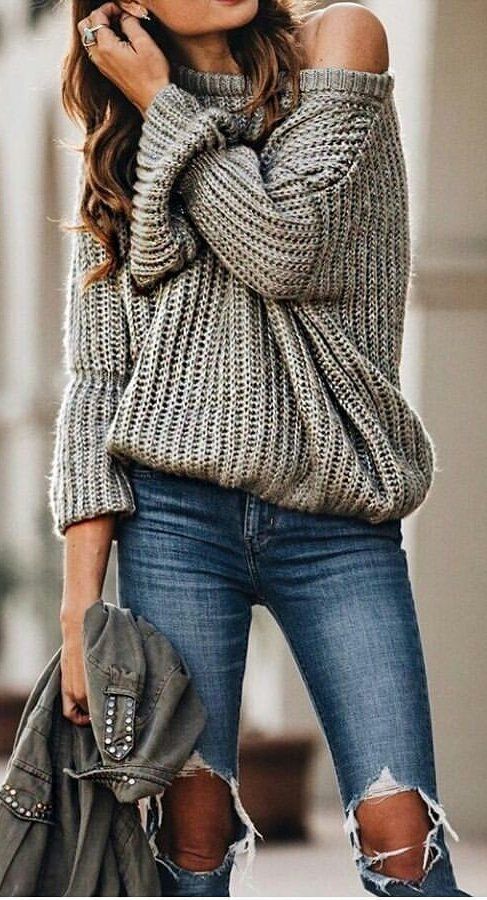 fall #outfits women's gray sweater and blue distressed jeans .