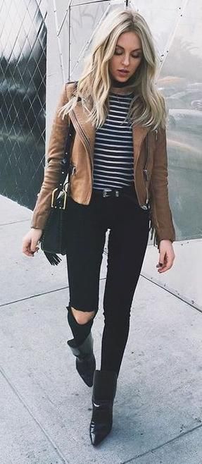 stripes. skinny jeans. tan leather jacket. street style. | Fashion .