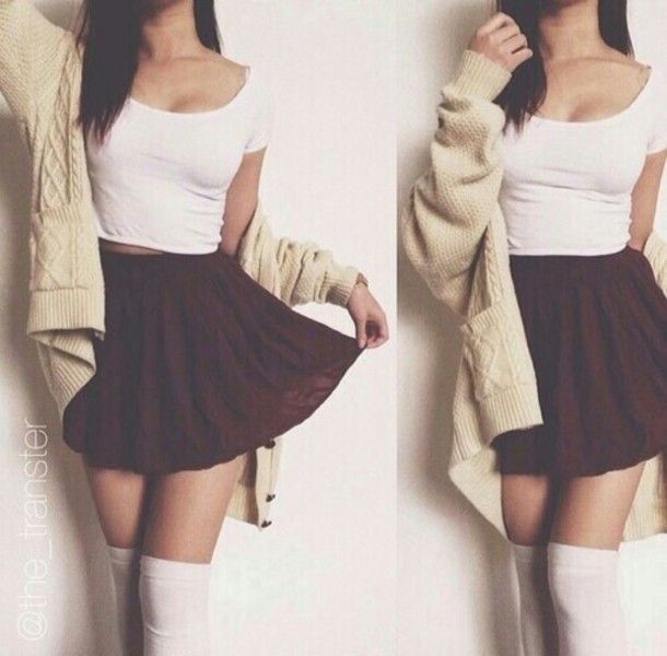 skirt cute outfit cute cardigan crop tops top skater skirt knee .