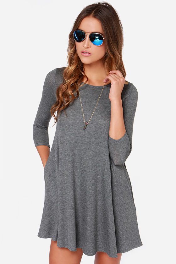 Chic Grey Dress - Swing Dress - Three Quarter Sleeve Dress - $44.