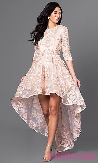 High-Low Lace Party Dress with Three-Quarter Sleeves | Formal .