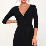 Cute Black Dress - Wrap Dress - Three-Quarter Sleeve Wrap Dre