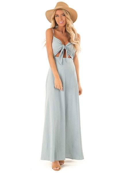 Dusty Blue Checkered Tank Dress with Front Tie Chest Cutout .