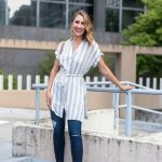 Change Your Tunic Button-Up Blouse | grey striped button up tie .