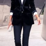 black and white outfit idea : shirt + heels + pants + velvet .