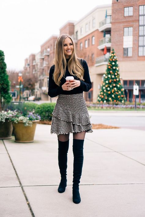 Tweed Skirts and Over-The-Knee Boots | Over the knee boot outfit .
