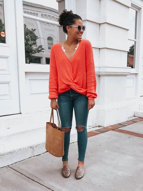 20+ Winter Outfit Ideas | Twist Front Orange Sweater | Twist Front .