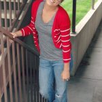 Fall Casual Outfit: Red and White Striped Cardigan + Grey V-Neck T .