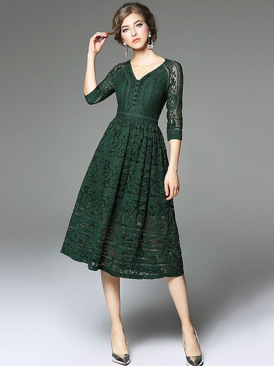 Green V Neckline Hollow Out Lace Dress | Green lace dresses .